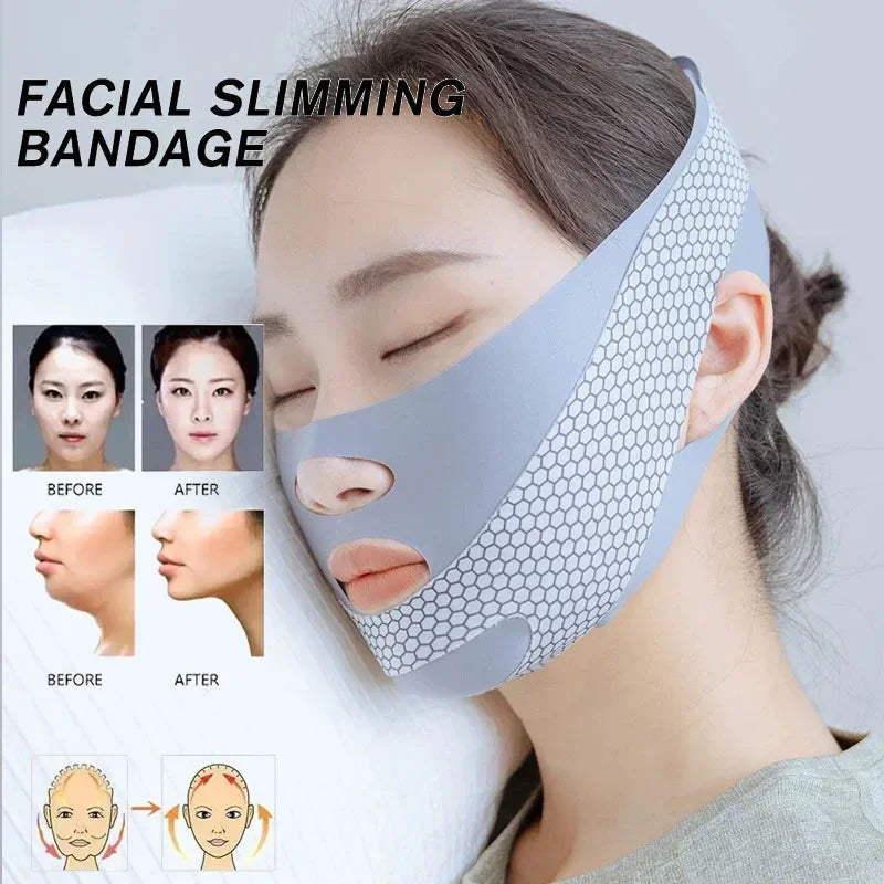 Lifting du visage avec le bandeau amincissant. relaxant, remodelage, réduction du double menton, amincissement du visage, massage du visage