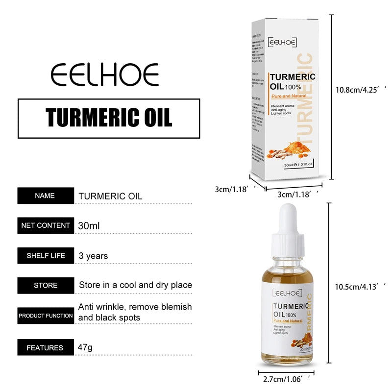 Serum visage au curcuma. Ressere les pores. Repare la mélanine, éclaircit et hydrate. Huile de curcumine nourrit pour attenuer les tâches brunes.
