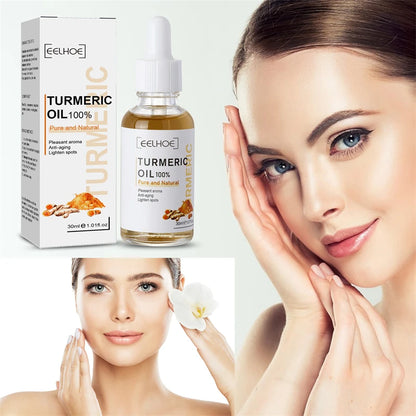 Serum visage au curcuma. Ressere les pores. Repare la mélanine, éclaircit et hydrate. Huile de curcumine nourrit pour attenuer les tâches brunes.