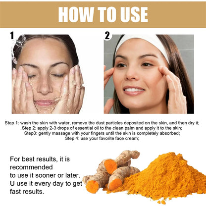 Serum visage au curcuma. Ressere les pores. Repare la mélanine, éclaircit et hydrate. Huile de curcumine nourrit pour attenuer les tâches brunes.