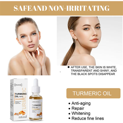Serum visage au curcuma. Ressere les pores. Repare la mélanine, éclaircit et hydrate. Huile de curcumine nourrit pour attenuer les tâches brunes.
