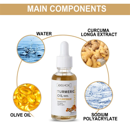 Serum visage au curcuma. Ressere les pores. Repare la mélanine, éclaircit et hydrate. Huile de curcumine nourrit pour attenuer les tâches brunes.